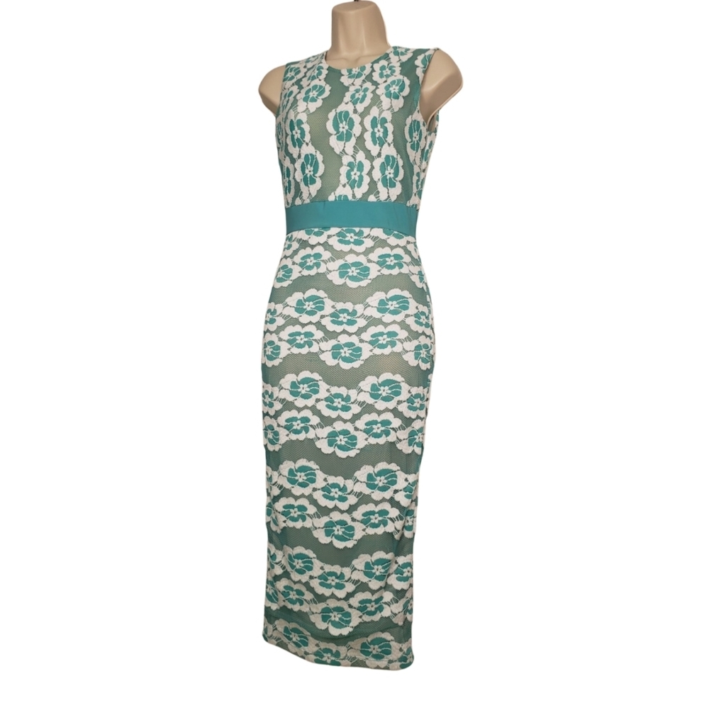 VA Va Voom Teal Mesh & Lace Nude Swmi Sheer Bodycon Dress Size Small